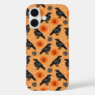 Coque Pour iPhone 16 Cute Orange Halloween Crow Citrouille Motif