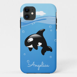 Coque iPhone 11 Cute Orca Whale en Océan avec nom personnalisé
