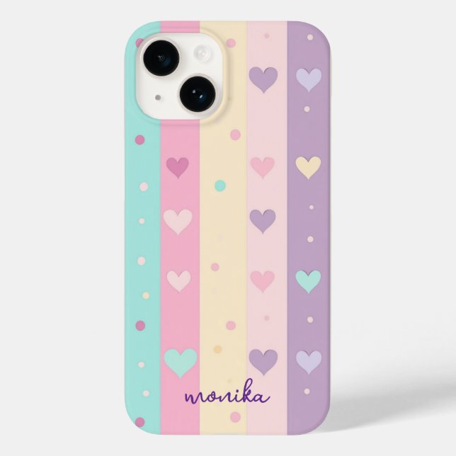 Coques Case-Mate iPhone Cute Pastel Stripes Coeurs Pois Monogramme (Verso)