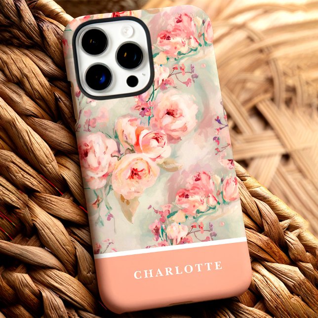 Coques Case-Mate iPhone Cute Peach Roses Nom personnalisé Floral (Créateur téléchargé)