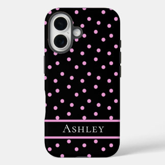 Coque Pour iPhone 16 Cute Pink and Black Polka Dot Personalized Name