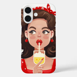 Coque Pour iPhone 16 Cute Retro Girl Cocktail Téléphone Case