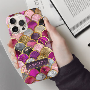 Coque iPhone 16 Pro Cute rose rose or sirène échelles girly