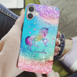 Coque Pour iPhone 16 Cute unicorn rose Parties scintillant arc-en-ciel 