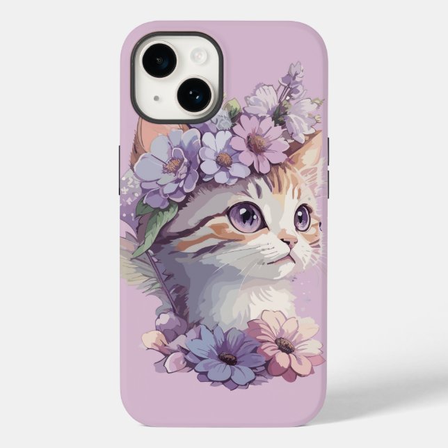 Coques Case-Mate iPhone Cute Violet Aquarelle Chat avec Flore (Verso)