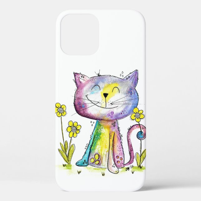 Coques Case-Mate iPhone Cute Whimsical Happy Chat avec Fleur Jaune (Verso)