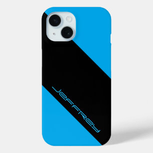 Coque Pour iPhone 15 Cyan Bleu & Noir, Minimaliste d'une bande, Nom