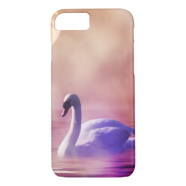 Coques Case-Mate iPhone Cygne blanc flottant sur un lac brumeux (Dos)