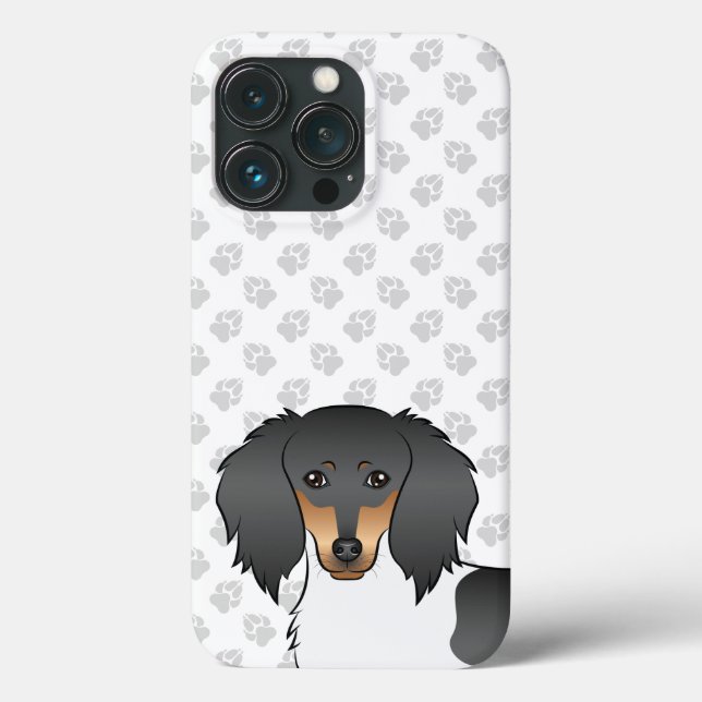 Coques Case-Mate iPhone Dachshund à poils longs piebalde noir et feu & pat (Verso)