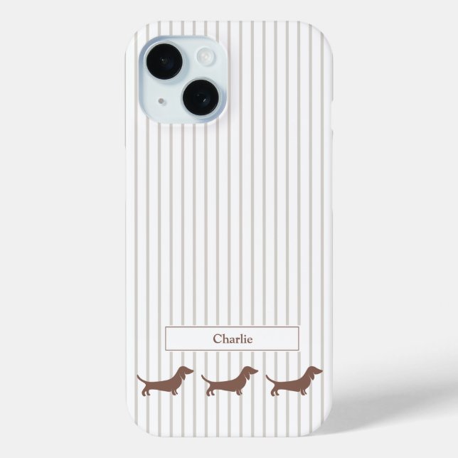 Coques Case-Mate iPhone Dachshunds Marron sur Rayures Beige Nom Personnali (Verso)
