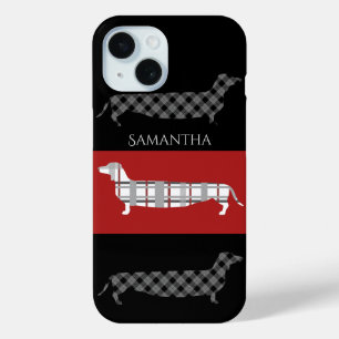 Coque Case-Mate iPhone Dachshunds plaid sur rouge et noir Personnalisé