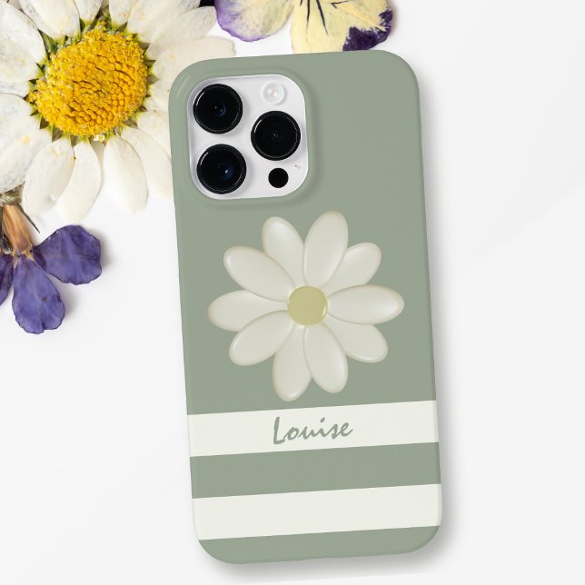 Coques Case-Mate iPhone Daisy Flower Cream Stripes Sage Green Name (A sage green daisy phone case with space for your name)