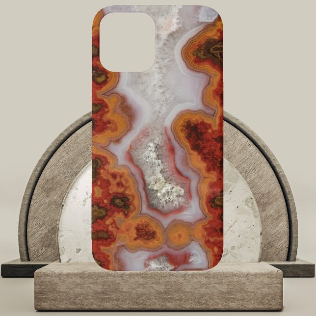 Coques Case-Mate iPhone Dalle d'agate rouge et orange (Red and Orange Agate Slab Phone Case on Marble and Wood Podium)