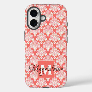 Coque Pour iPhone 16 Damas blanc sur le corail Monogramme & Nom Jolie