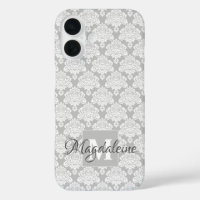 Damas blanc sur Monogramme gris et nom jolie