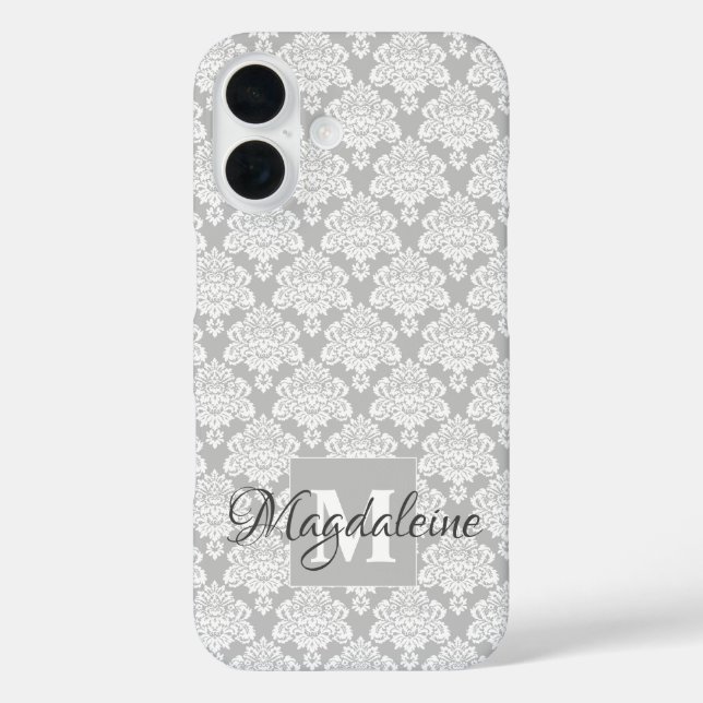 Coques Case-Mate iPhone Damas blanc sur Monogramme gris et nom jolie (Verso)