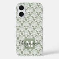 Damas blanc sur Sage Green Monogramme & Nom Jolie