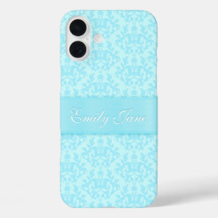 Coque Pour iPhone 16 Plus Damas bleu clair nom personnalisé