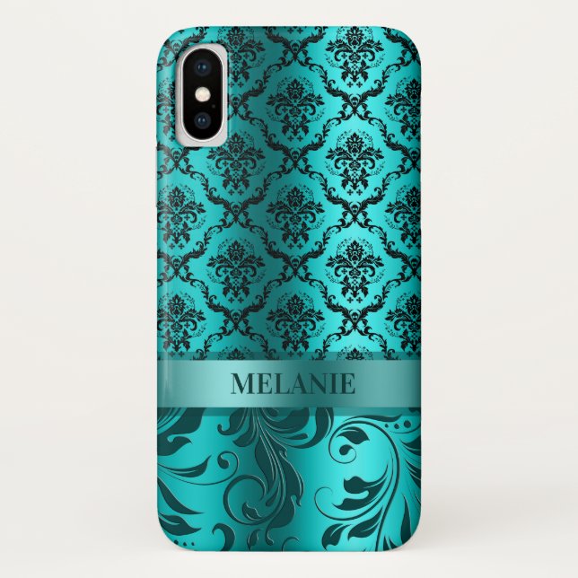 Coques Case-Mate iPhone Damas Bleu Turquoise Avec Accent Métallique (Dos)