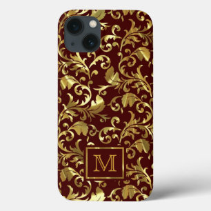 iPhone 13 Coque Damas Brown foncé Et Vintage Or