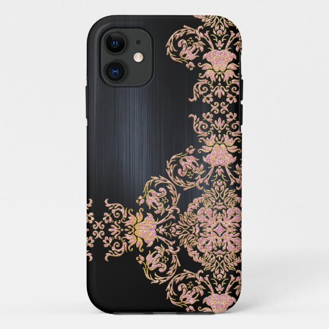 Coques Case-Mate iPhone Damas de Parties scintillant rose métal noir (Dos)