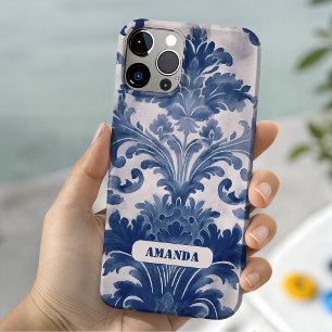 Coque Case-Mate iPhone Damas élégant bleu toile de jouy monogramme