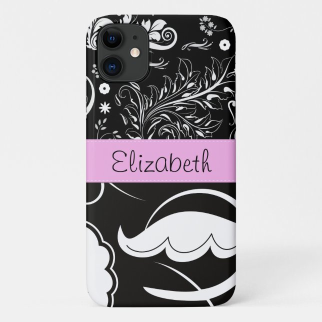 Coques Case-Mate iPhone Damas, Fleurs, Noir et Blanc, Votre nom (Dos)