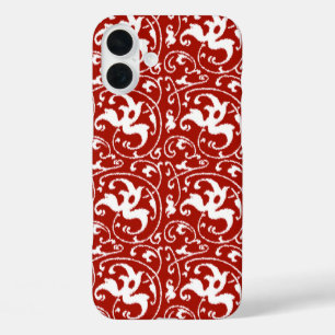 Coques iPhone 16 Plus Damas florales d'Ikat - Rouge et blanc foncé