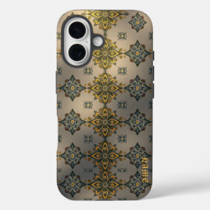 Coque Pour iPhone 16 Damas florales dorées sur gris