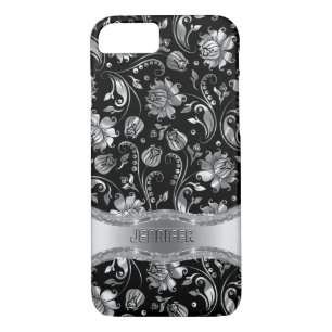 Coques Pour iPhone Damas florales en argent noir et métallique monogr