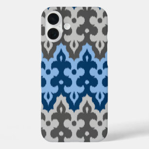 Coque Pour iPhone 16 Plus Damas Ikat marocain, bleu et gris / gris
