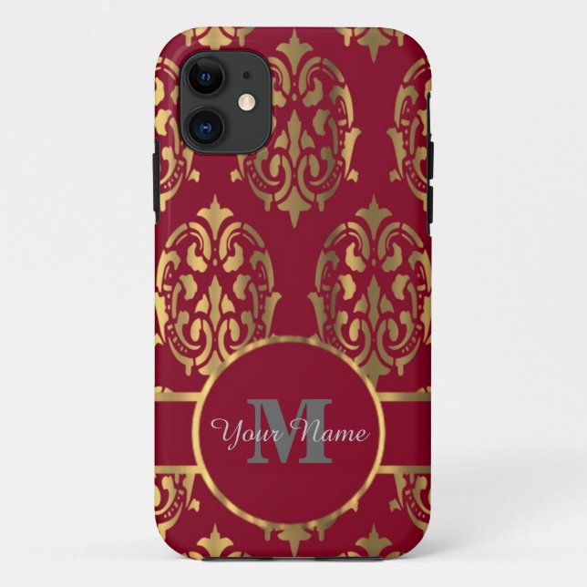 Coques Case-Mate iPhone Damas monogrammées rouge et or (Dos)