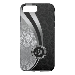 Coque iPhone 7 Plus Damas noir et argent Stripes dynamiques Monogramme