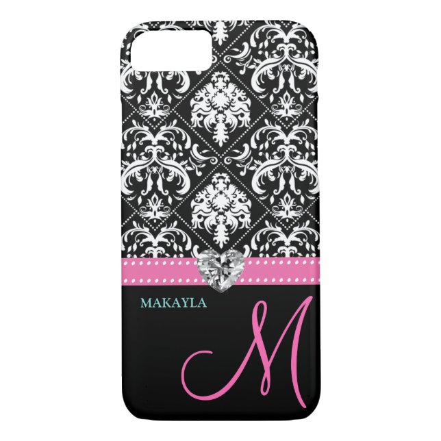Coques Case-Mate iPhone Damas noir et blanc avec un coeur et un monogramme (Dos)