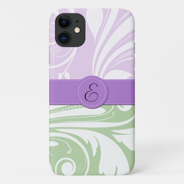 Coques Case-Mate iPhone Damas pourpres, Damas vert, Monogramme (Dos)