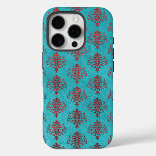 Coque iPhone 16 Pro Damas rouge texturé sur Motif Turquoise