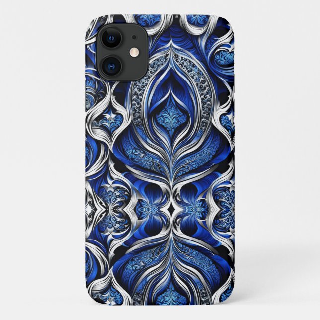 Coques Case-Mate iPhone Damask Argent Bleu Noir Abstrait (Dos)