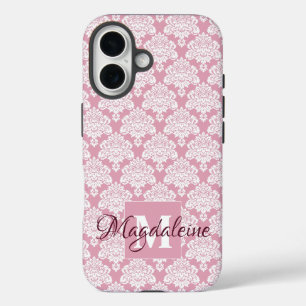 Coque Pour iPhone 16 Damask blanc sur Dusty Rose Monogramme & Nom Joli