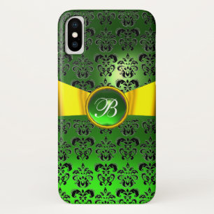 Coque iPhone X DAMASK FIÈRE MONOGRAM vert or jaune ruban