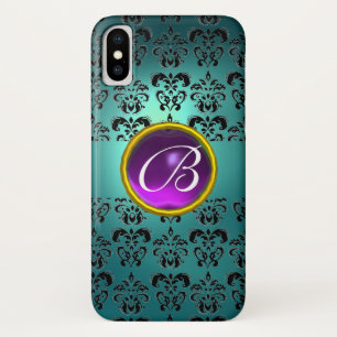 Coques Pour iPhone DAMASK GEM MONOGRAM bleu noir violet
