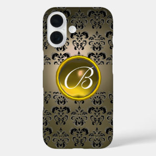 Coques iPhone 16 DAMASK GEM MONOGRAM gris jaune