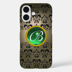 Coque Pour iPhone 16 DAMASK GEM MONOGRAM gris vert noir