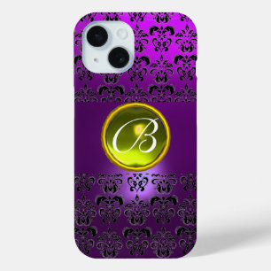 Coque Pour iPhone 15 DAMASK GEM MONOGRAM Jaune violet