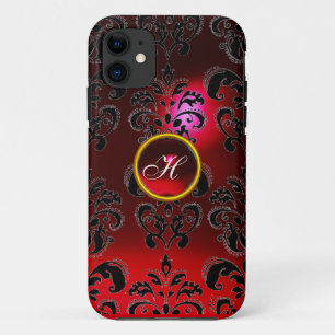 Coque iPhone 11 DAMASK GEM MONOGRAM rouge bordeaux