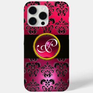 Coque iPhone 15 Pro Max DAMASK GEM MONOGRAM Rouge rose Rubis