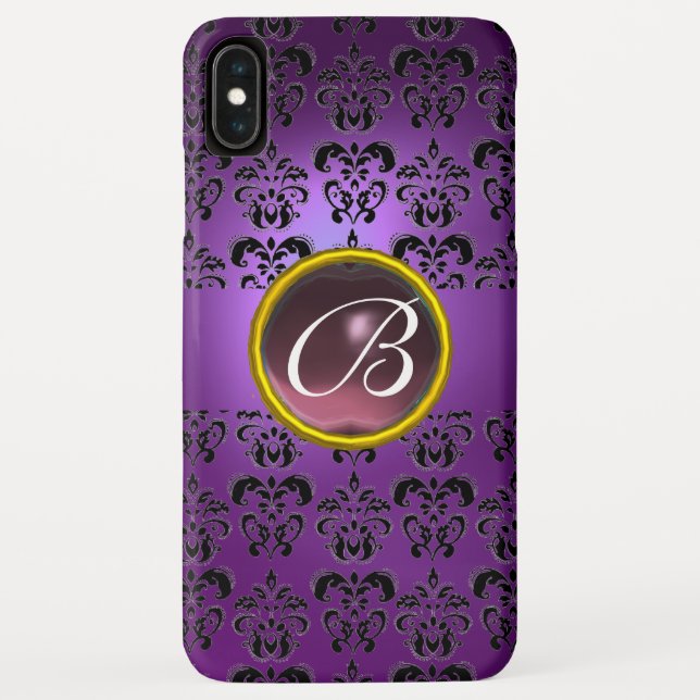 Coques Case-Mate iPhone DAMASK GEM MONOGRAM violet noir (Dos)