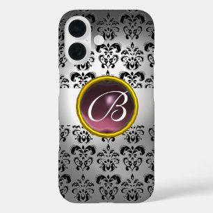 Coque Pour iPhone 16 DAMASK GEM MONOGRAS blanc noir violet