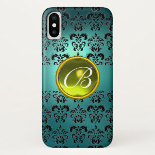 Coque iPhone X DAMASK GEM MONOGRAS bleu noir jaune