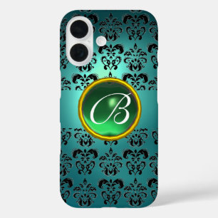 Coque Pour iPhone 16 DAMASK GEM MONOGRAS bleu noir vert