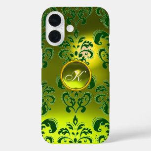 Coque Pour iPhone 16 DAMASK GEM MONOGRAS jaune vert
